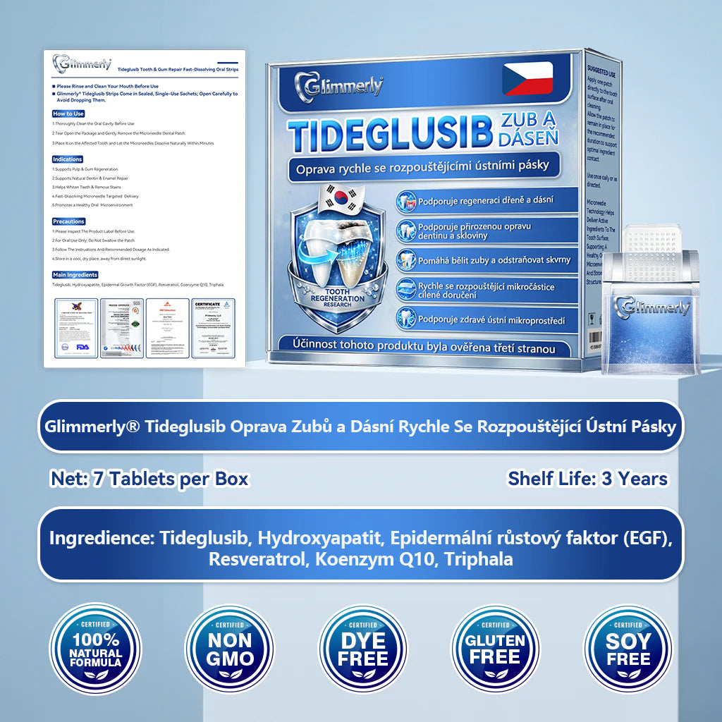 Glimmerly® Tideglusib – rychle se rozpouštějící ústní proužky pro regeneraci zubů a dásní