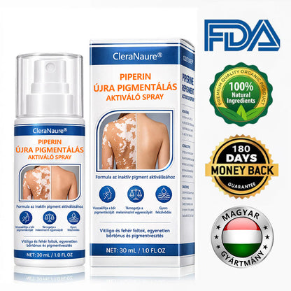 CleraNaure® Piperine Repigment Aktivátor Spray, amely aktiválja a lappangó pigmentsejteket, és visszaállítja a természetes bőrszínt.