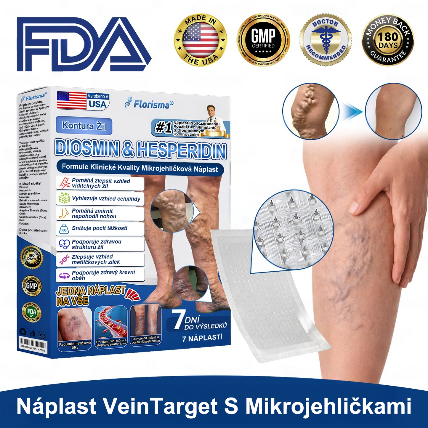 FLORISMA® Klinická mikrojehličková náplast s diosminem a hesperidinem🌿 – zaměřená na křečové a metličkové žilky, pomáhá zmírnit pocit těžkých a unavených nohou