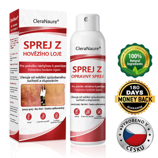 CleraNature® Sprej s Hovězím Tvarohem pro Svědící, Olupující se Pokožku Při Psoriáze