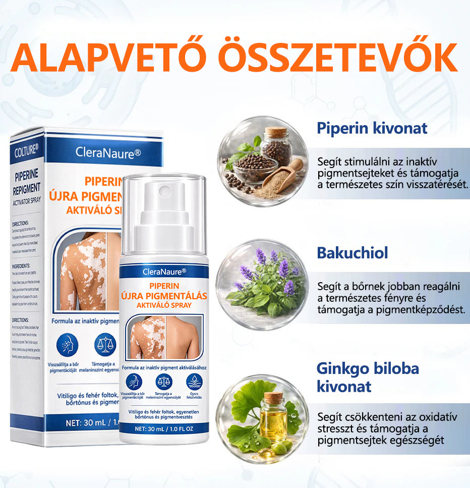 CleraNaure® Piperine Repigment Aktivátor Spray, amely aktiválja a lappangó pigmentsejteket, és visszaállítja a természetes bőrszínt.