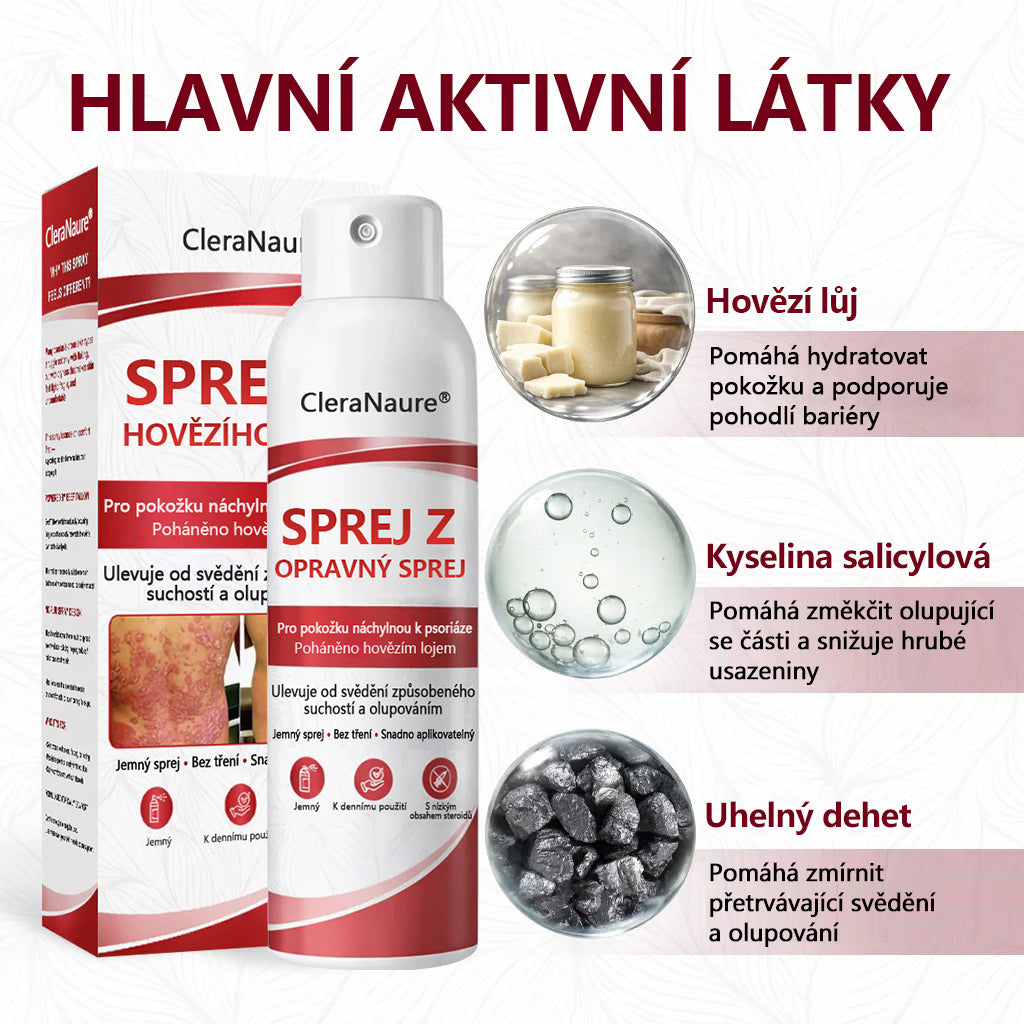 CleraNature® Sprej s Hovězím Tvarohem pro Svědící, Olupující se Pokožku Při Psoriáze