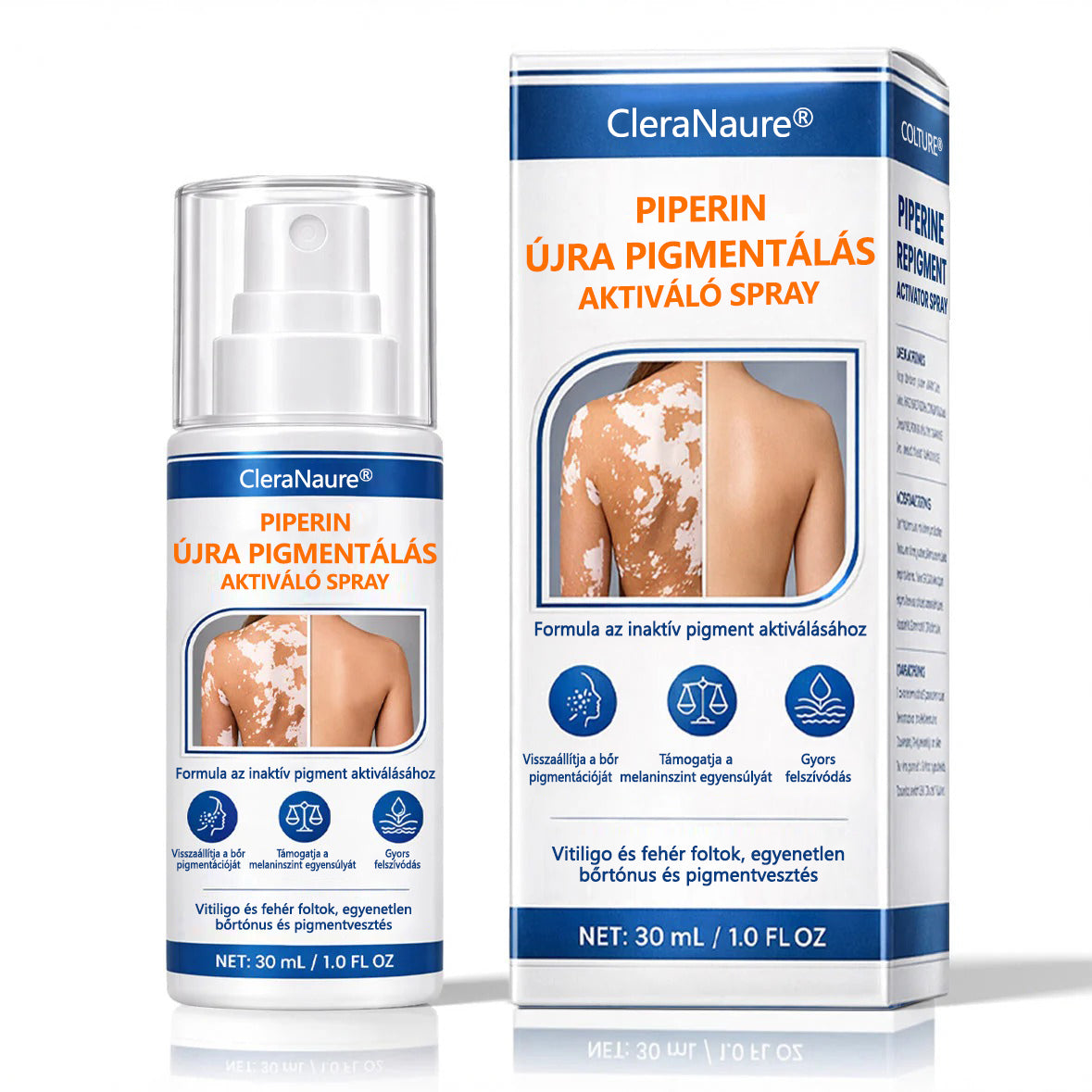 CleraNaure® Piperine Repigment Aktivátor Spray, amely aktiválja a lappangó pigmentsejteket, és visszaállítja a természetes bőrszínt.