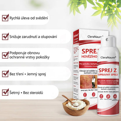 CleraNature® Sprej s Hovězím Tvarohem pro Svědící, Olupující se Pokožku Při Psoriáze