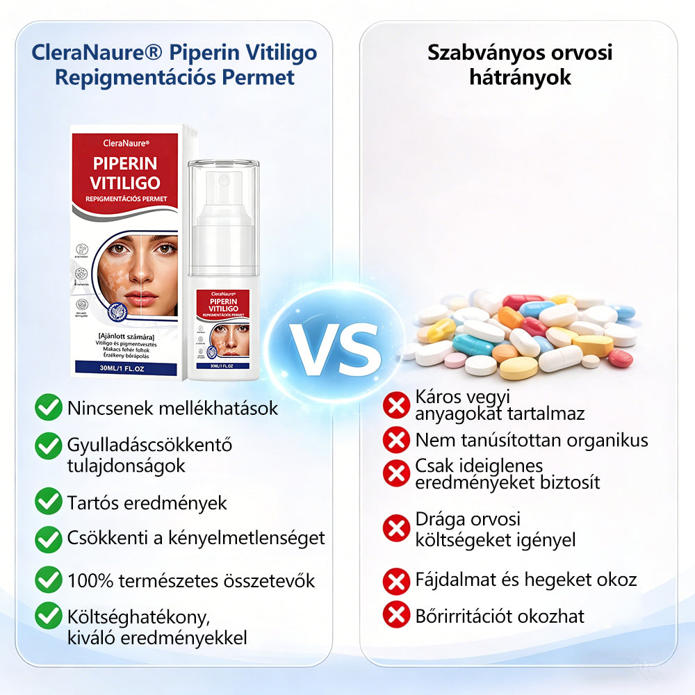 CleraNaure® Piperin Vitiligo újrapigmentáló permet – 🌿Szteroidmentes növényi összetétel | Kíméletes és hatékony minden bőrtípushoz✨